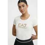 Bombažna kratka majica EA7 Emporio Armani ženski, bež barva - bež. Kratka majica iz kolekcije EA7 Emporio Armani, izdelana iz tanke, elastične pletenine. Model iz izjemno udobne tkanine z visoko vsebnostjo bombaža.