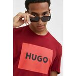 Bombažna kratka majica HUGO bordo barva - bordo. Ohlapna kratka majica iz kolekcije HUGO. Model izdelan iz tanke, elastične pletenine. Izjemno udoben material.