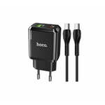 Hoco N5 pametni hišni polnilec, 20W, z 3,0 QC, z 1 x USB C in 1 x USB vtičem in s polnilnim kablom Type C - Type C, črn