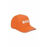 Otroška bombažna kapa BOSS oranžna barva - oranžna. Otroška kapa s šiltom vrste baseball iz kolekcije BOSS. Model izdelan iz pletenine z nalepko.