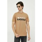 Bombažna kratka majica BOSS bež barva - bež. Kratka majica iz kolekcije BOSS, izdelana iz pletenine s potiskom. Model iz izjemno udobne bombažne tkanine.