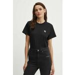 Bombažna kratka majica Karl Lagerfeld ženska, črna barva, 245W1712 - črna. Kratka majica iz kolekcije Karl Lagerfeld, izdelana iz elastične pletenine. Model iz zračne bombažne tkanine.