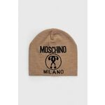 Volnena kapa Moschino bež barva - bež. Kapa iz kolekcije Moschino. Model izdelan iz pletenine s potiskom.