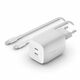 Belkin dvojni 65W stenski polnilnik USB-C Power Delivery GaN PPS + 2m kabel USB-C z USB-C, bel