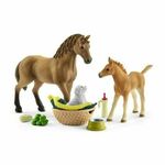 Schleich Set žrebeta in četrtinskega konja s psičko in dodatki