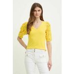 Kratka majica Morgan DPALM ženska, rumena barva, DPALM - rumena. Kratka majica iz kolekcije Morgan, izdelana iz kombinacije pletenine in tkanine. Model iz izjemno udobne tkanine z visoko vsebnostjo bombaža.