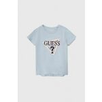 Otroška kratka majica Guess - modra. Otroške lahkotna kratka majica iz kolekcije Guess. Model izdelan iz visokokakovostne pletenine, ki je bila izdelana na trajnostni način. Model iz izjemno udobne tkanine z visoko vsebnostjo bombaža.