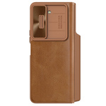 usnjen ovitek z zavihkom in pokrovom za kamero za samsung galaxy z fold 5 nillkin qin leather pro - brown