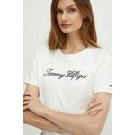 Bombažna kratka majica Tommy Hilfiger ženska, bela barva, WW0WW43459 - bela. Kratka majica iz kolekcije Tommy Hilfiger, izdelana iz pletenine z nalepko. Model iz izjemno udobne bombažne tkanine.